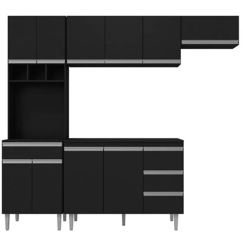 Cozinha Compacta Emma com Balcão 2 Portas + Armário Aéreo Geladeira Preto
