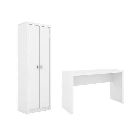 Escritório com Mesa para Computador Simples Gavetas com Armário 2 Portas Branco - Fdecor