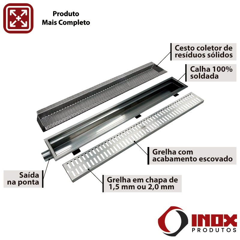 Ralo Inox Classic com Saída na Ponta - Inox 304 - 200x20x07 Cm - 6