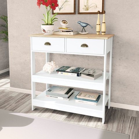 Aparador de Sala Colonial 2 Gavetas com 2 Prateleiras 85cm Mel Branco