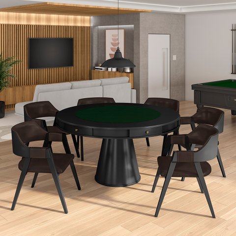 Conjunto Mesa de Jogos Carteado Bellagio Tampo Reversível e 6 Cadeiras Madeira Poker Base Cone Pu Ma