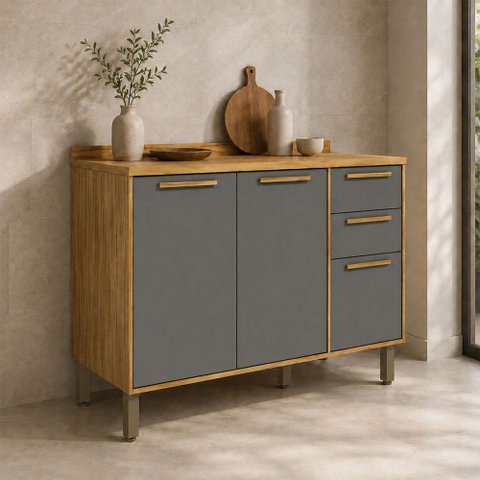 Balcão de Cozinha 120 cm Trebbiano 3 Portas 2 Gavetas 100% MDF Amêndoa/Platina - Rio Doce