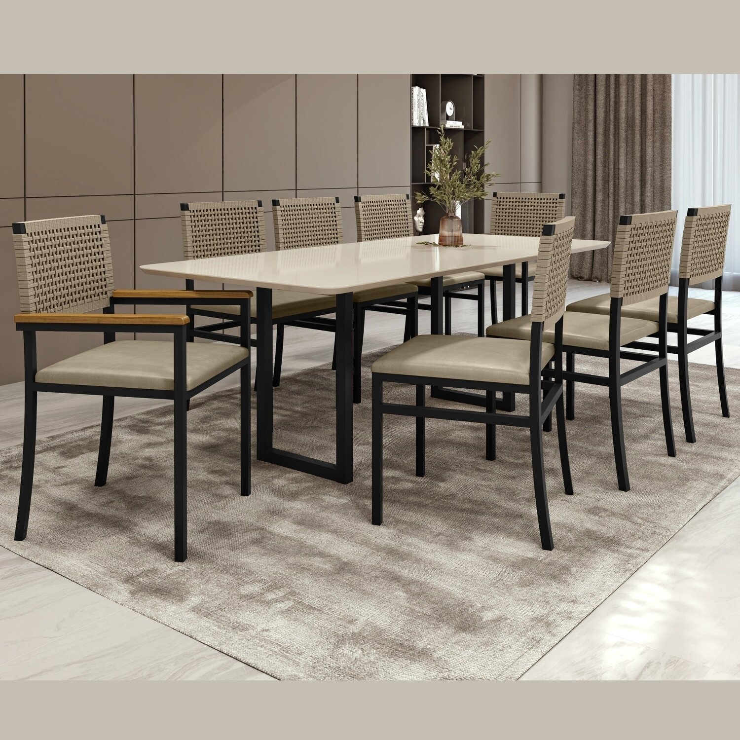 Conjunto Sala de Jantar Mesa 08 Cadeiras Madri Retangular 200x90 Tampo Mdf Itália