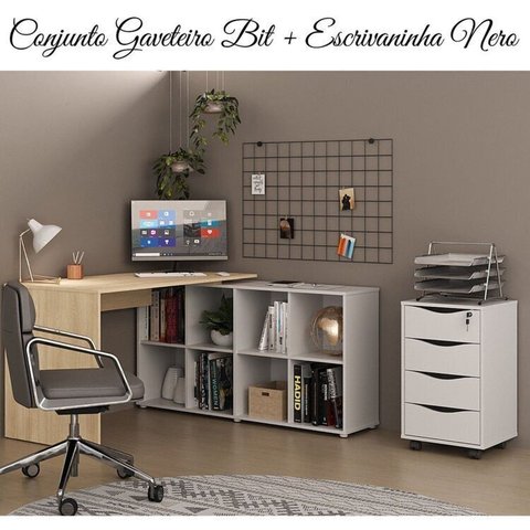 Conjunto 2 Peças com Escrivaninha Nero em L com e Gaveteiro Bit 4 Gavetas 8 Nichos 135cm Carvalho e