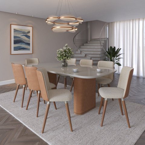 Mesa de Jantar Retangular c/ Vidro para 6 Lugares Lintz 184 cm - Off White Fosco c/ Canella - PU