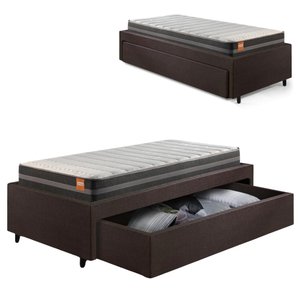 Base Box Cama Solteiro Sapateira Courino Linho Marrom e Colchão Bogota Inducol 88x188