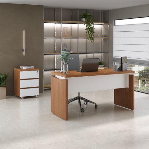 Conjunto 2 Peças com Mesa Operacional 1450 em Tamburato para Escritório e Gaveteiro com 1453cm Freijó E Branco