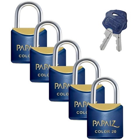 Cadeado Pequeno 20mm Haste Curta Latão Maciço Azul com Chave | Papaiz | Kit 05 Un