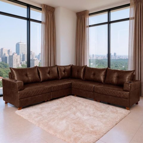 Sofá com Chaise Essenza Luxo 5 Lugares Reclinável 514cm Café Veludo