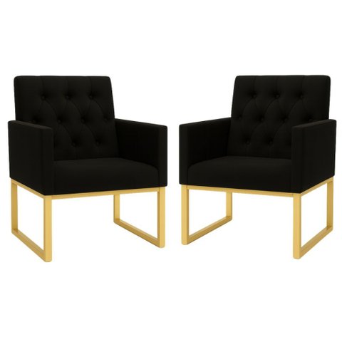 Kit 2 Poltronas para Recepção Thais com Base de Ferro Dourado Resistente Preto