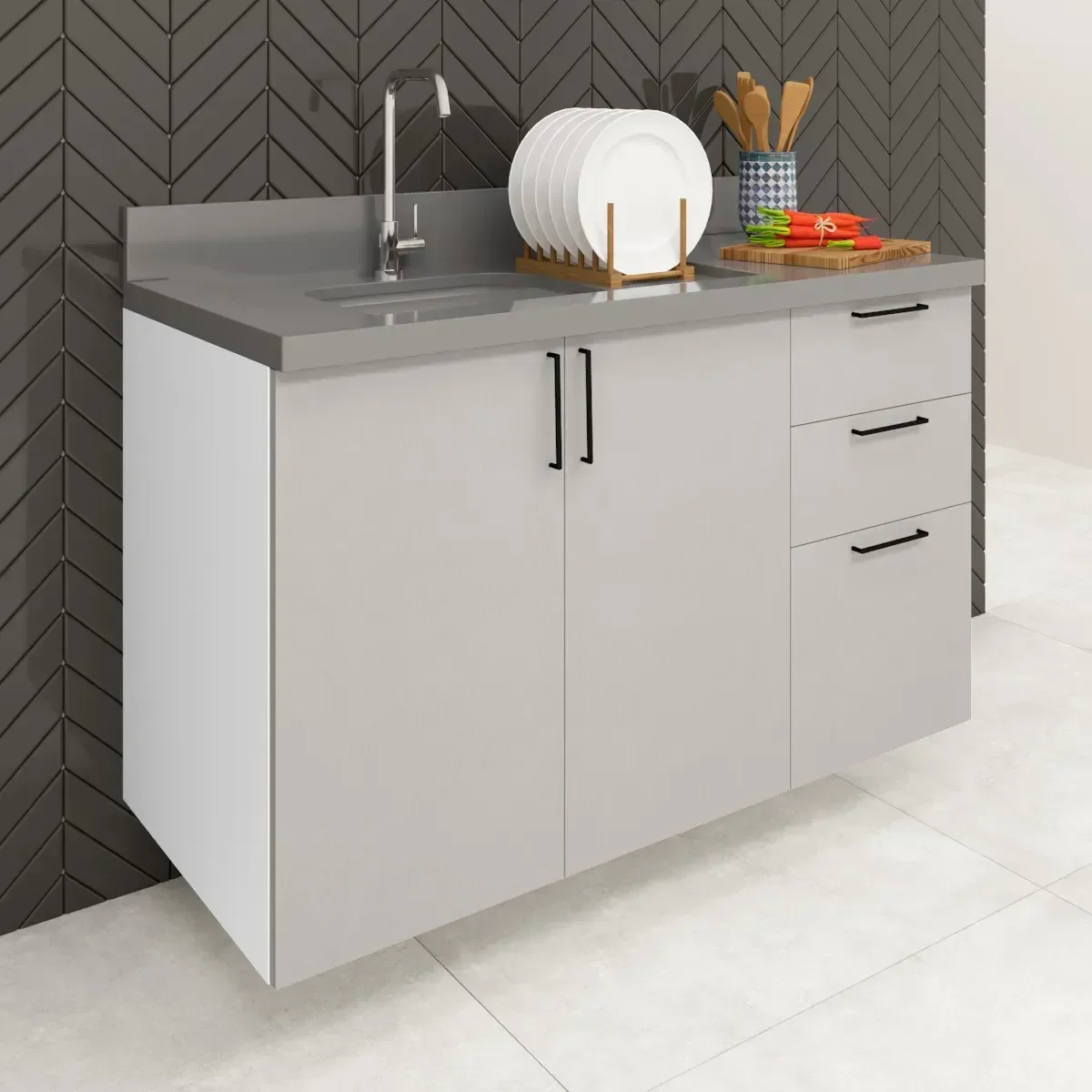 Balcão para Cozinha 120cm Cinza Branco Pia 2 Portas 3 Gaveta - 2