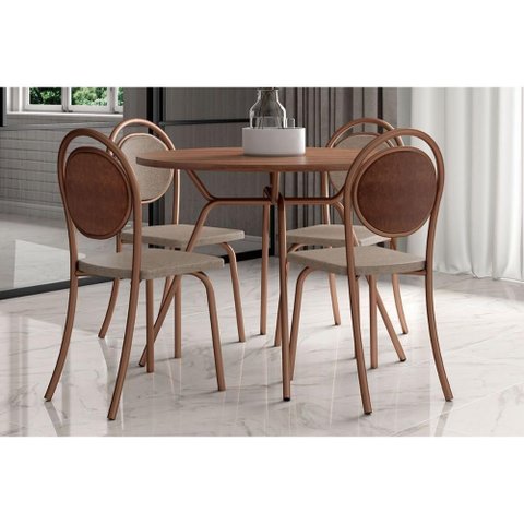 Conjunto: Mesa de Cozinha 1588 C/ Tampo Madeirado 100cm e 4 Cadeiras 1738 Freijo/rose - Cobre/linho