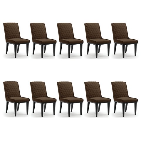 Cadeira Sala de Jantar Base Madeira Preto Kit 10 Sofia Suede Marrom D03 - D'Rossi
