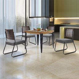 Conjunto Sala de Jantar Mesa Espanha 90cm com 4 Cadeiras em Aço e Junco Madri Mais Decor Linho Cinza - 9