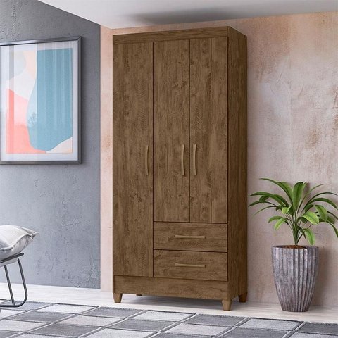 Guarda Roupa Solteiro Ambiente Lima 3 Portas Castanho Wood - Moval