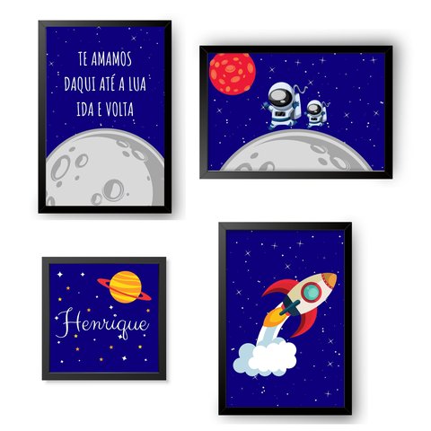 Kit com 4 Quadros Decorativos do Tema Astronauta:preto
