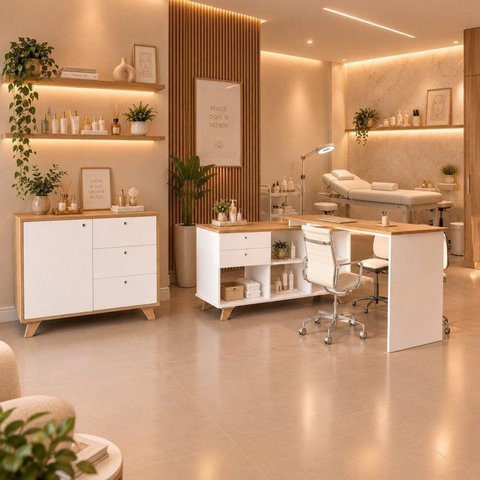 Conjunto para Clínica de Estética com Mesa e Balcão, para Massagem, Depilação e Salão de Beleza