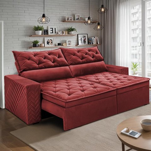 Sofá Retrátil e Reclinável 2,30m Essence Velusoft Vermelho Cama Inbox