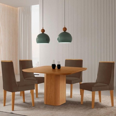Mesa de Jantar Eloise 90cm Tampo Mdf com 4 Cadeiras Moderna Veludo Marrom/naturalle
