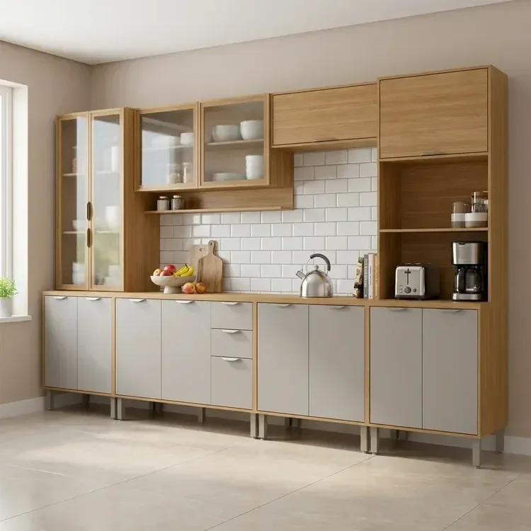 Cozinha Compacta Modulada 6 Peças 340cm 15 Portas e 2 Gavetas Colors Marrom Freijó/Cinza Niquel