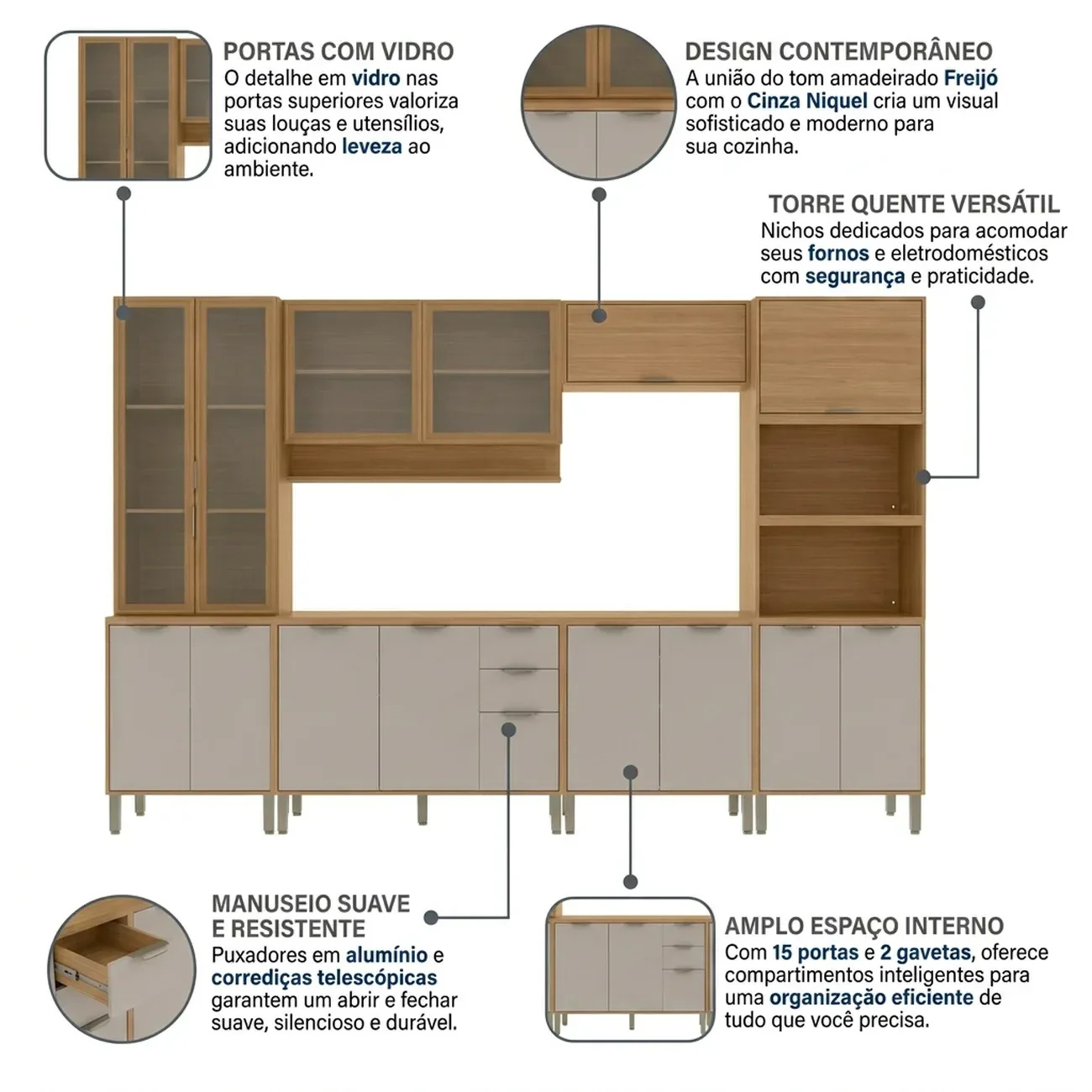 Ver imagem 5 de Cozinha Compacta Modulada 6 Peças 340cm 15 Portas e 2 Gavetas Colors Marrom Freijó/Cinza Niquel