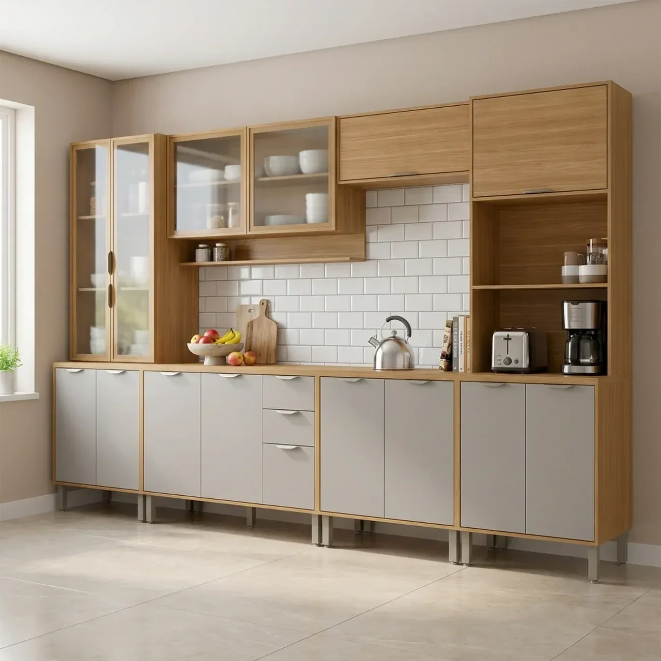 Cozinha Compacta Modulada 6 Peças 340cm 15 Portas e 2 Gavetas Colors Marrom Freijó/Cinza Niquel