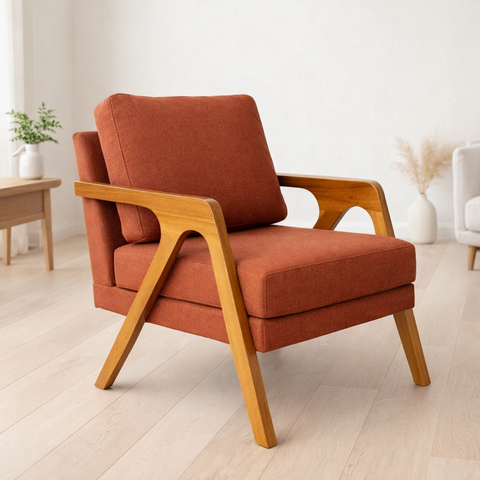 Poltrona Mona Luxo Madeira Maciça Linho Terracota para Sala de Estar Decorativa Moderna