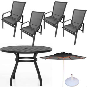 Conjunto Lótus com Mesa 80cm Ripada + 4 Poltronas + Ombrelone 2,40m com Base - Preto