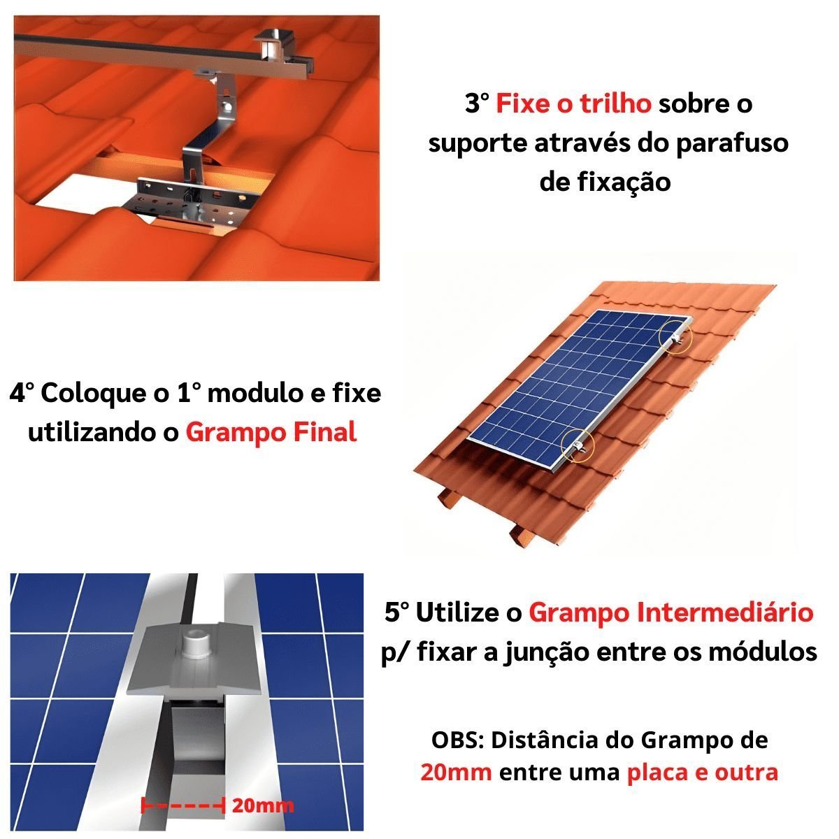 Kit Estrutura Suporte Fixador Para 03 Placas Painel Solar Alumínio e Inox Telha Cerâmica e Cimento | - 8