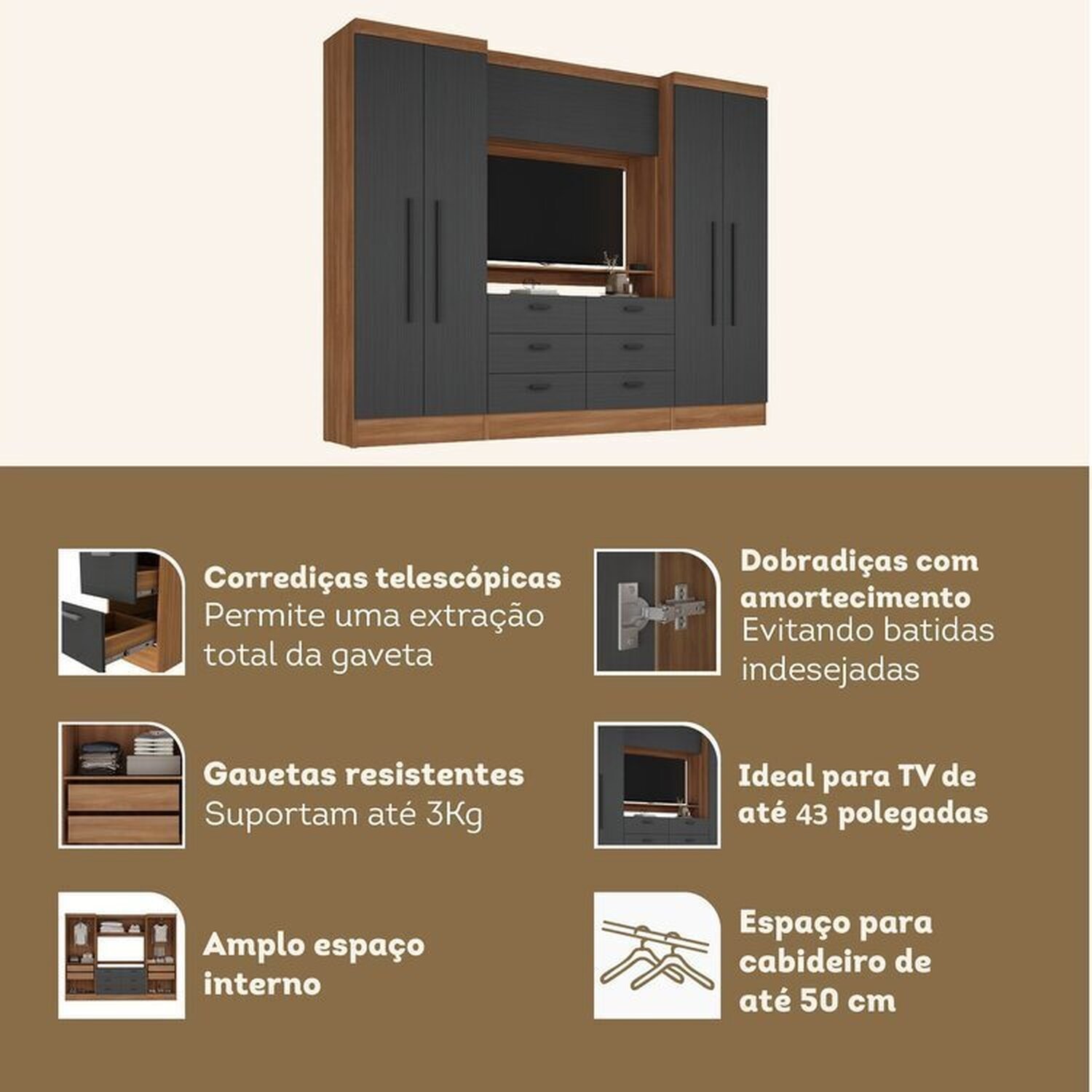 Guarda-roupa Modulado Viena 4 Portas 6 Gavetas 3 Peças Espresso Móveis - 5