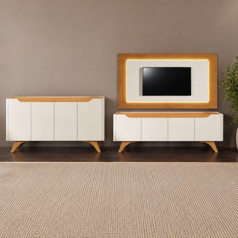 Conjunto Sala de Estar Atenas Off White/Naturalle 180 cm Mavaular