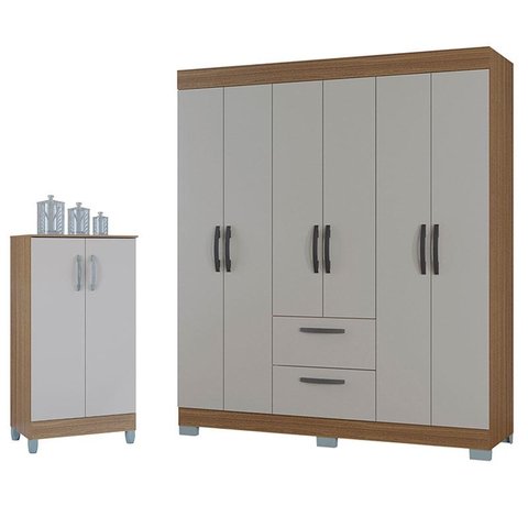 Guarda Roupa Casal Tóquio 6 Portas com Armário Multiuso 2 Portas Pequeno Castanho Off White - Poquem