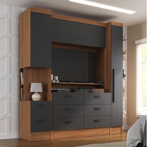 Conjunto de Guarda-Roupa Modulado Viena 2 Portas 8 Gavetas 3 Peças Yescasa Cinza/Nogal/Grafite