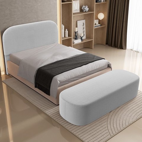 Cabeceira Cama Box Casal 195cm Lanna com Puff Recamier Doha W01 Bouclê Cinza - Lyam Decor