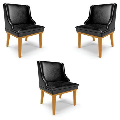 Kit 3 Cadeiras Decorativas Sala de Jantar Base Fixa de Madeira Firenze PU Preto Brilho/Castanho G19 