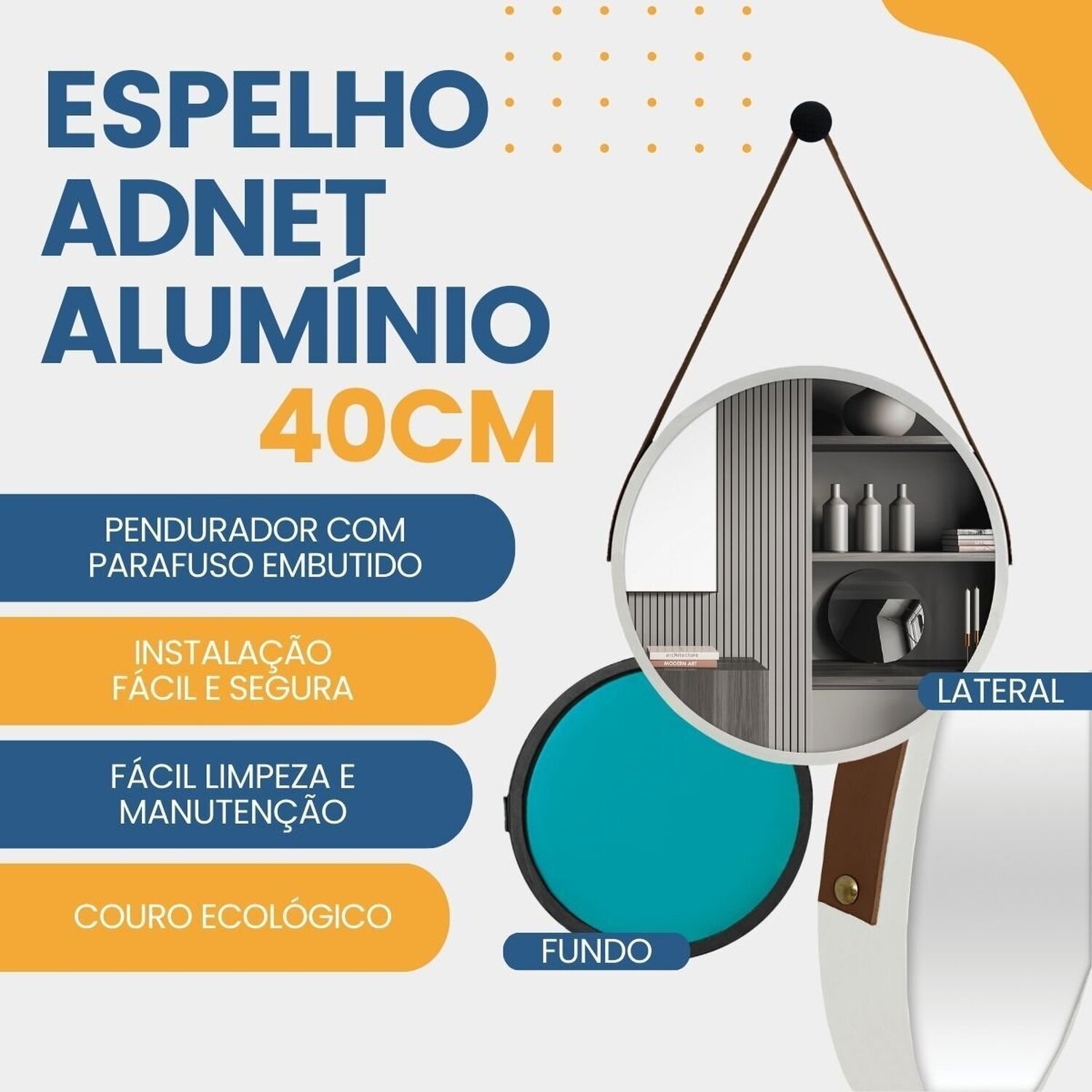 Espelho Adnet Alumínio 40cm com Alça e Suporte para Banheiro Sala Quarto Escritório - 7