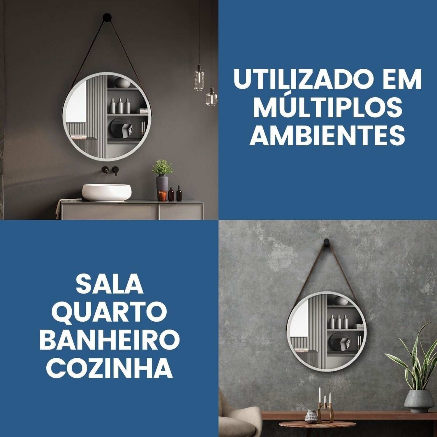 Espelho Adnet Alumínio 40cm com Alça e Suporte para Banheiro Sala Quarto Escritório - 5