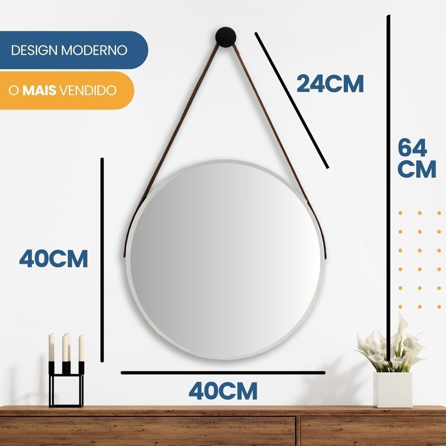 Espelho Adnet Alumínio 40cm com Alça e Suporte para Banheiro Sala Quarto Escritório - 8
