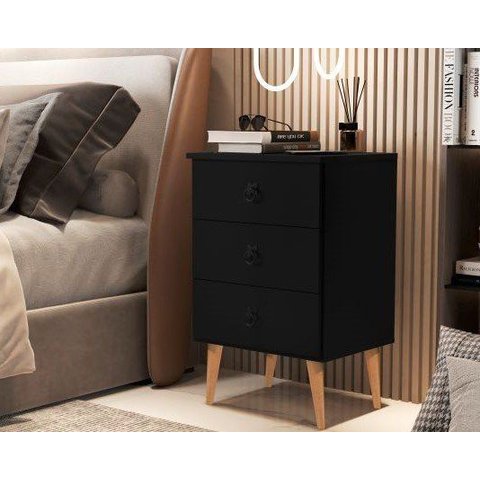 Mesa de Cabeceira Retrô com 3 Gavetas Madri:Preto
