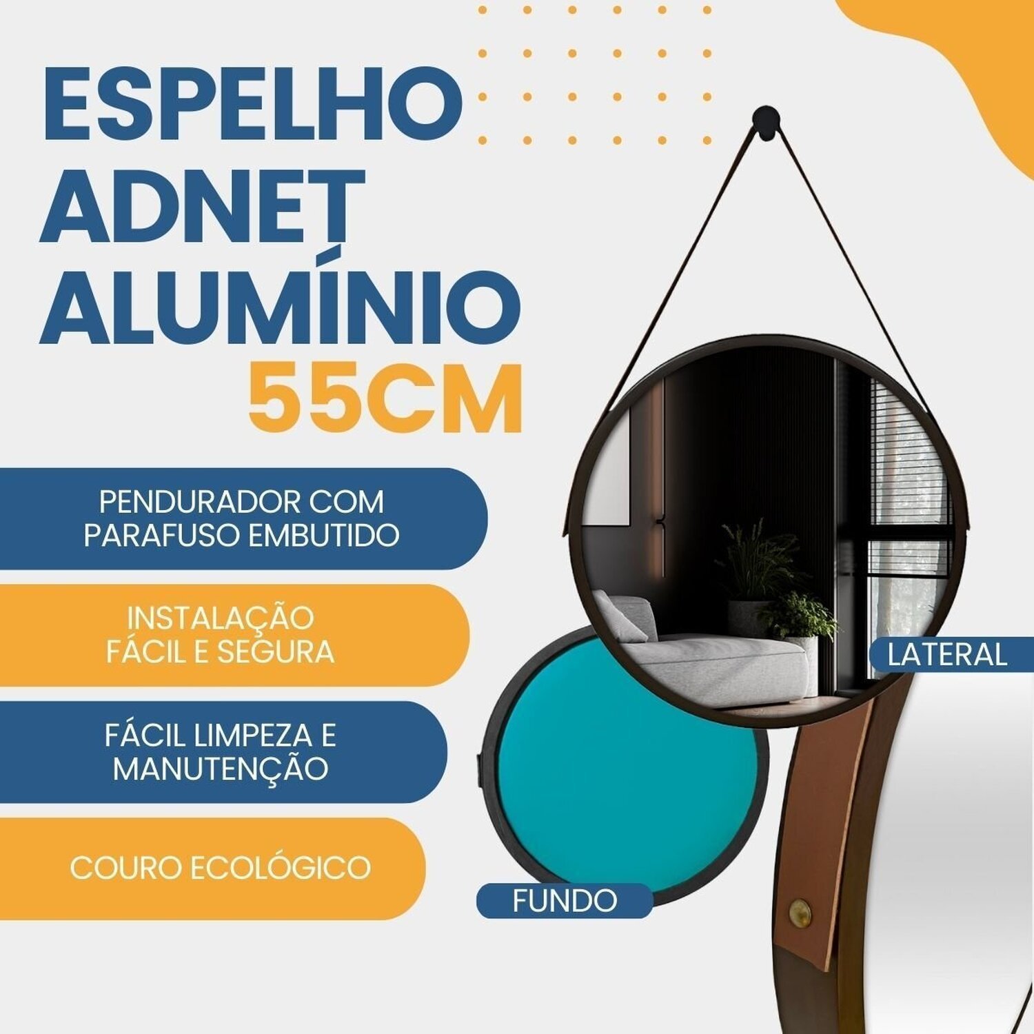 Espelho Adnet Alumínio 55cm com Alça e Suporte para Banheiro Sala Quarto Escritório - 7