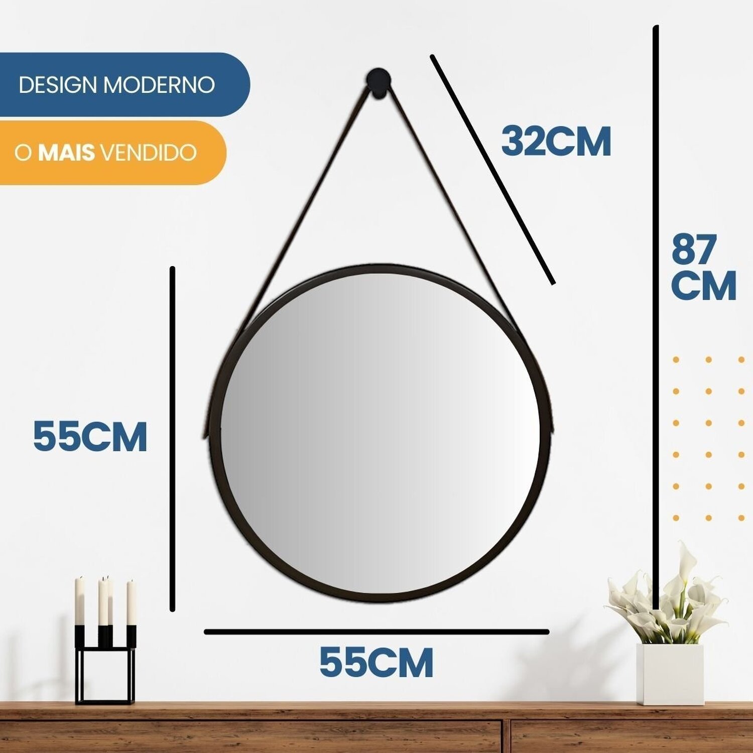 Espelho Adnet Alumínio 55cm com Alça e Suporte para Banheiro Sala Quarto Escritório - 8