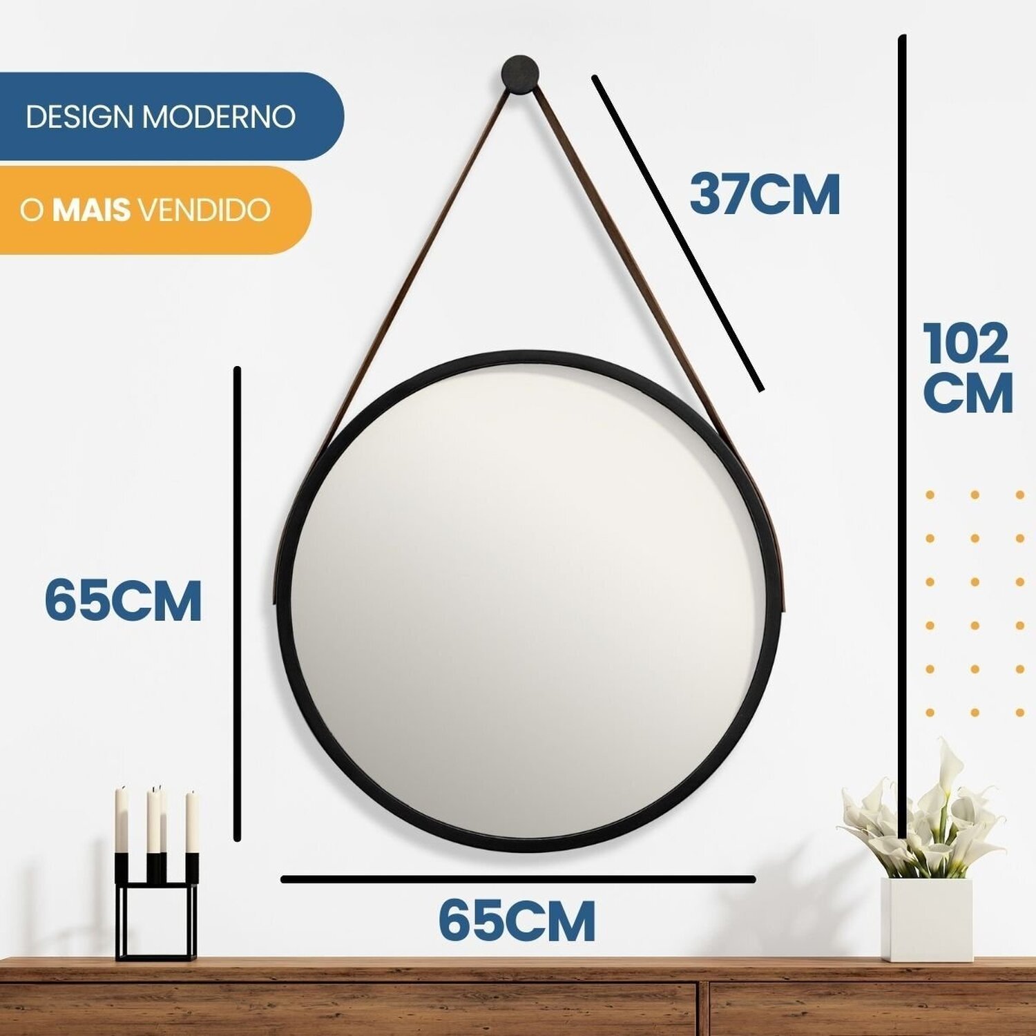 Espelho Adnet Alumínio 65cm com Alça e Suporte para Banheiro Sala Quarto Escritório - 8