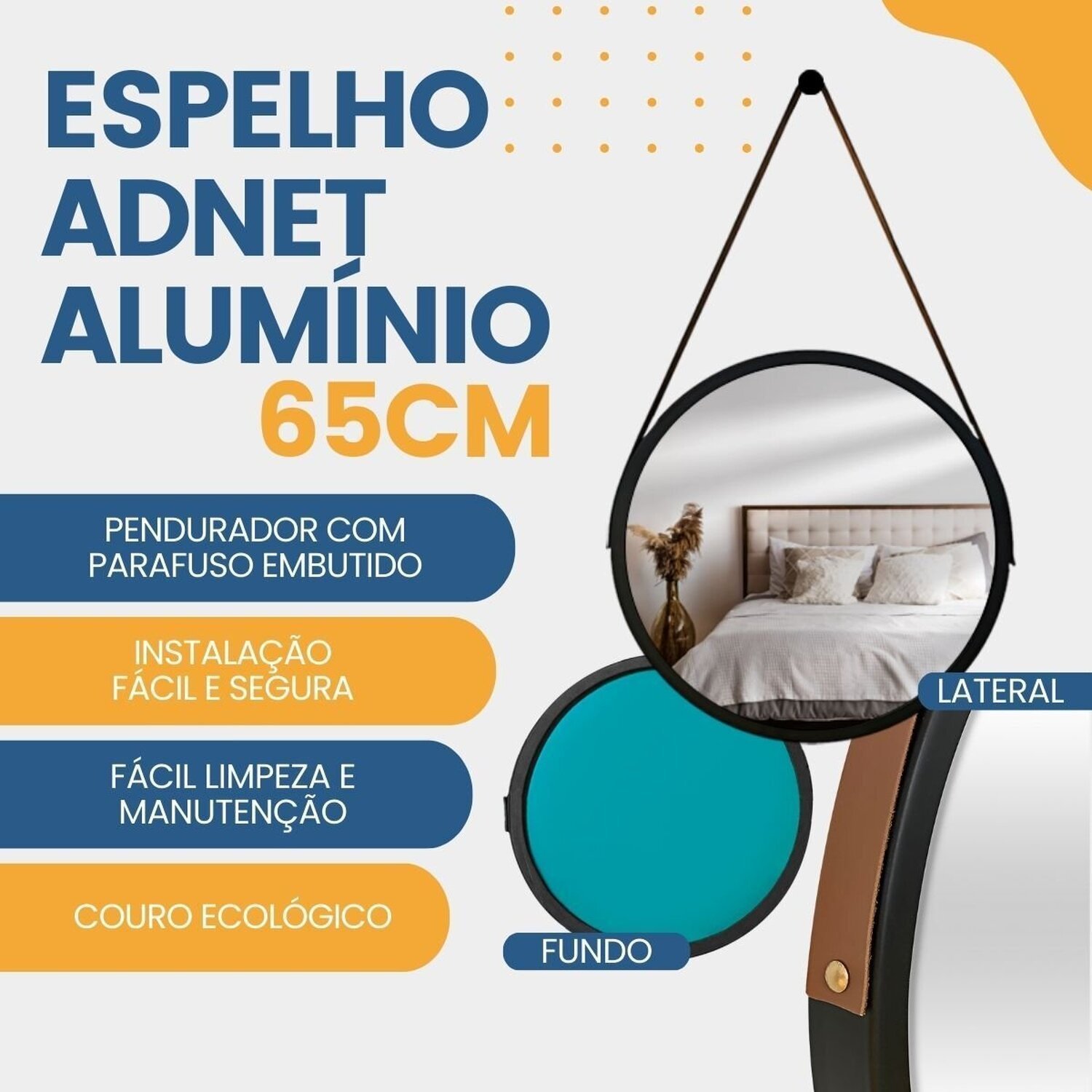 Espelho Adnet Alumínio 65cm com Alça e Suporte para Banheiro Sala Quarto Escritório - 7