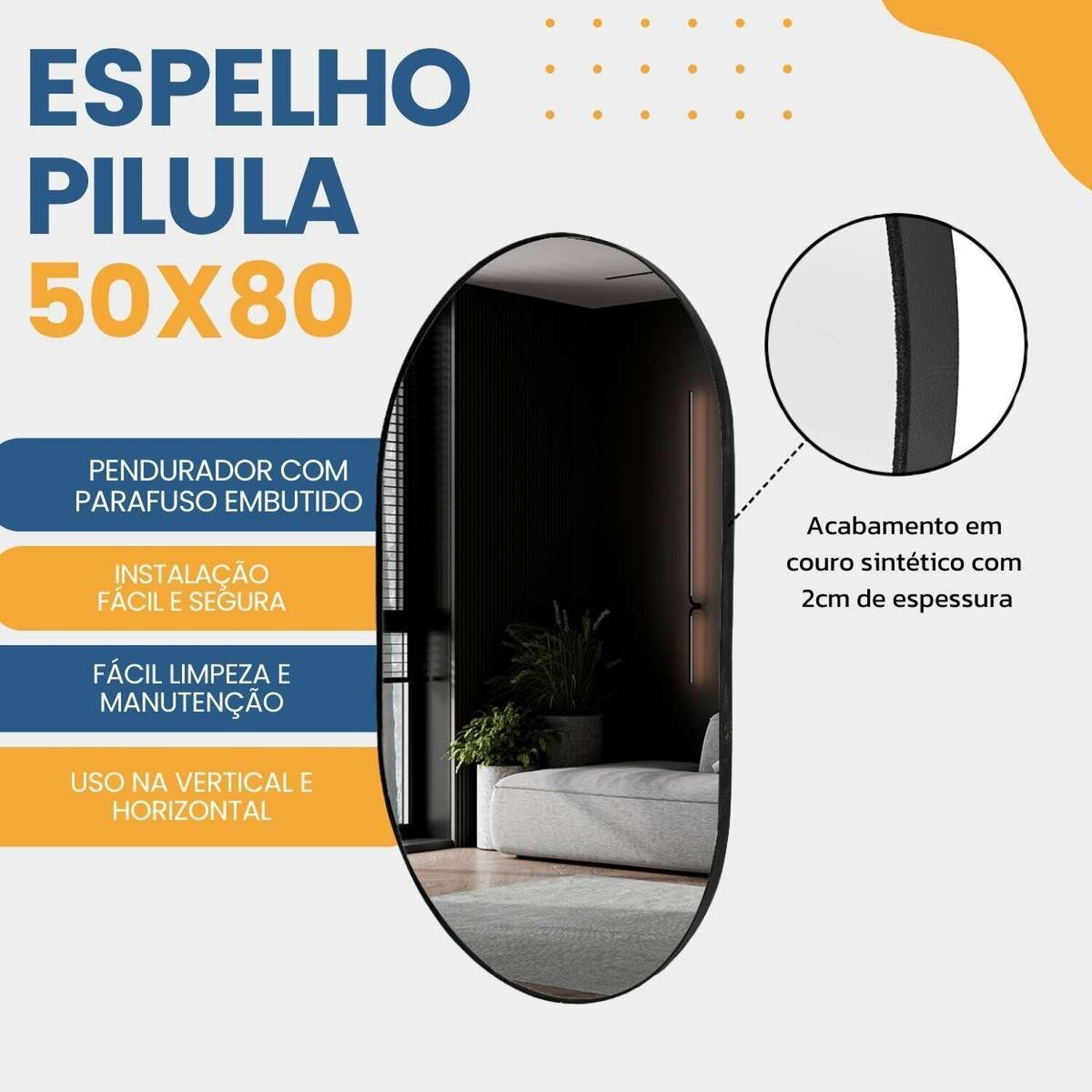 Espelho Decorativo Modelo Cápsula Formato Ovalado 50x80cm para Sala Lavabo Quarto - 8