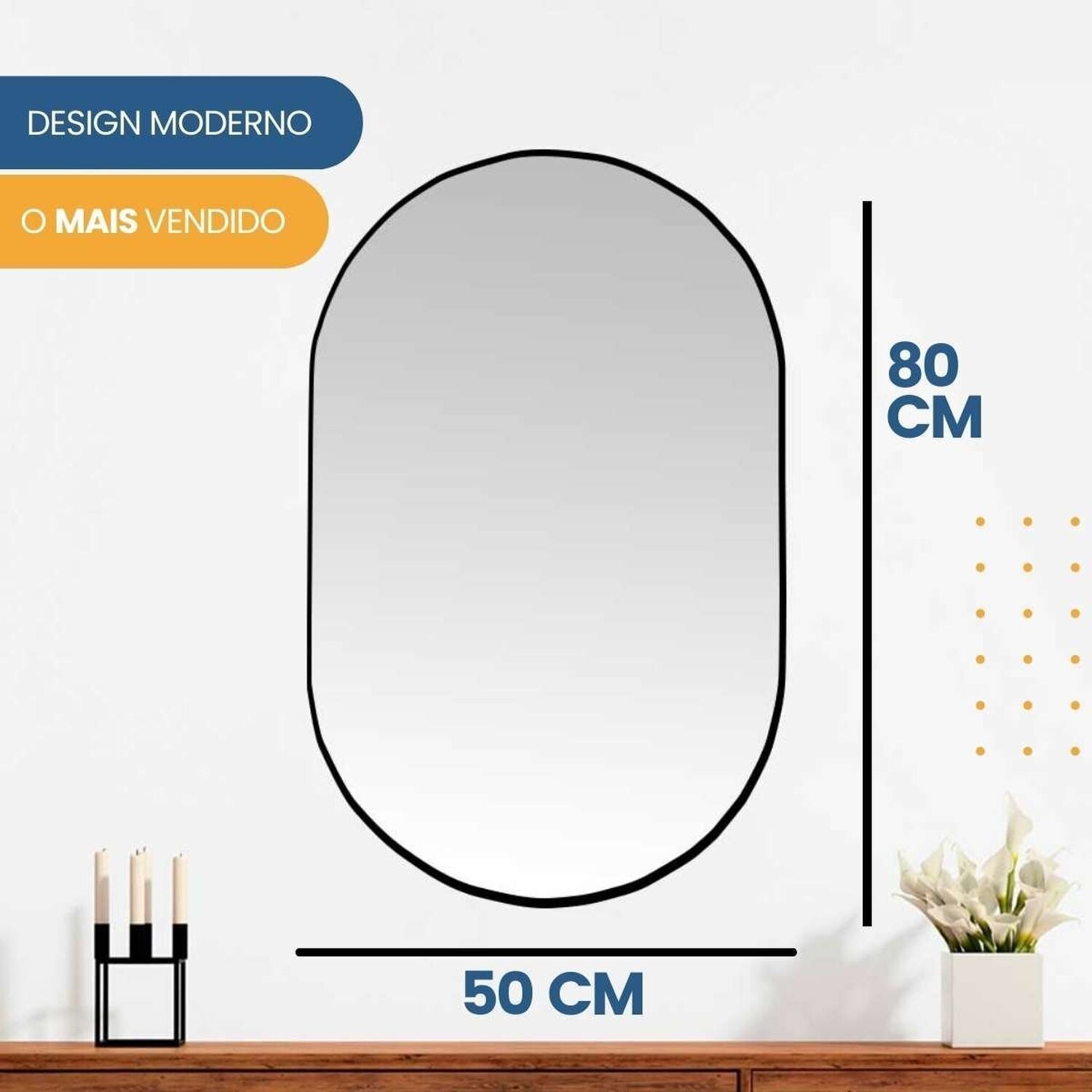 Espelho Decorativo Modelo Cápsula Formato Ovalado 50x80cm para Sala Lavabo Quarto - 9