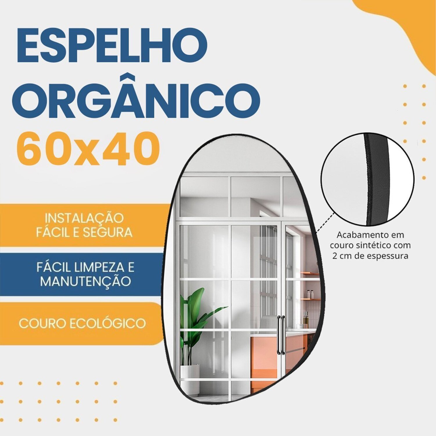 Espelho Decorativo Modelo Orgânico 60x40cm para Sala Cozinha Banheiro - 8