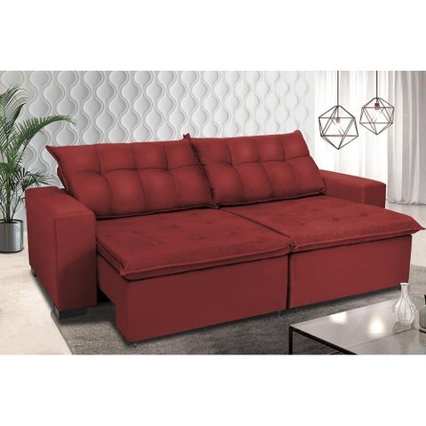 Sofá Retrátil e Reclinavel Oklahoma 2,22 Mts com Molas e Pillow no Assento Tecido Suede Vermelho
