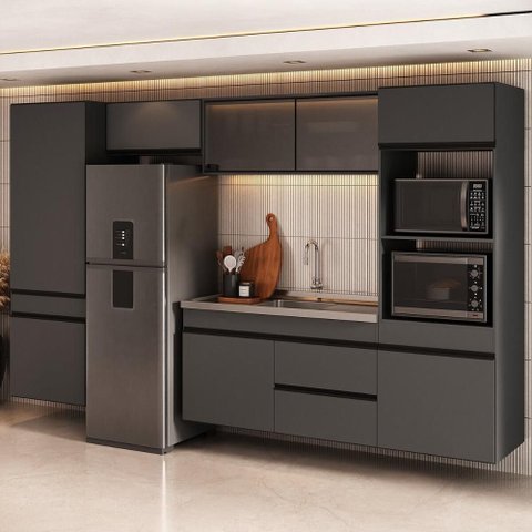 Armário de Cozinha Modulada Completa com Pia Suspensa 313cm Milano Multimóveis MCR2465 Grafite