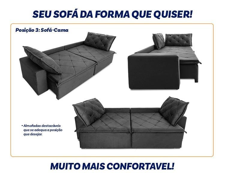 Sofá Cama Retrátil Reclinável 2,10m Bangkok Suede Velut Cinza Molas no Assento - King House - 5