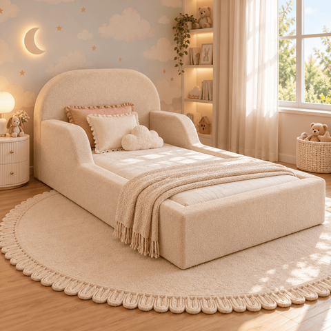 Cama Montessoriana Infantil Solteiro Estofada com Colchão e Proteção Lateral - Nude